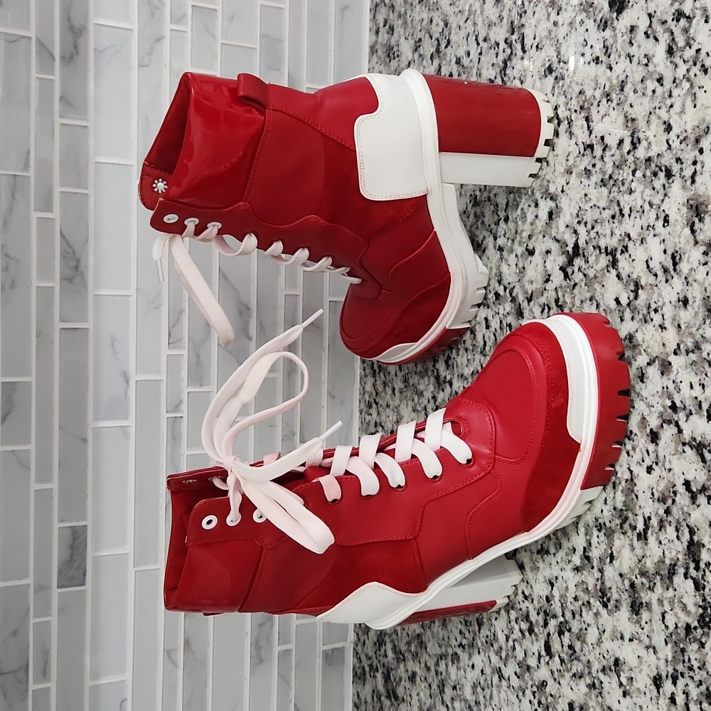 COPY- Red & White Azalea Wang Platform Sneaker Boots sz 7 chunky high heel com…